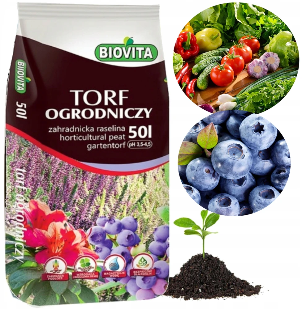 Rūgštinės durpės sodininkystėje Biovita, 50 l, pH 3,5–4,5 Biovita