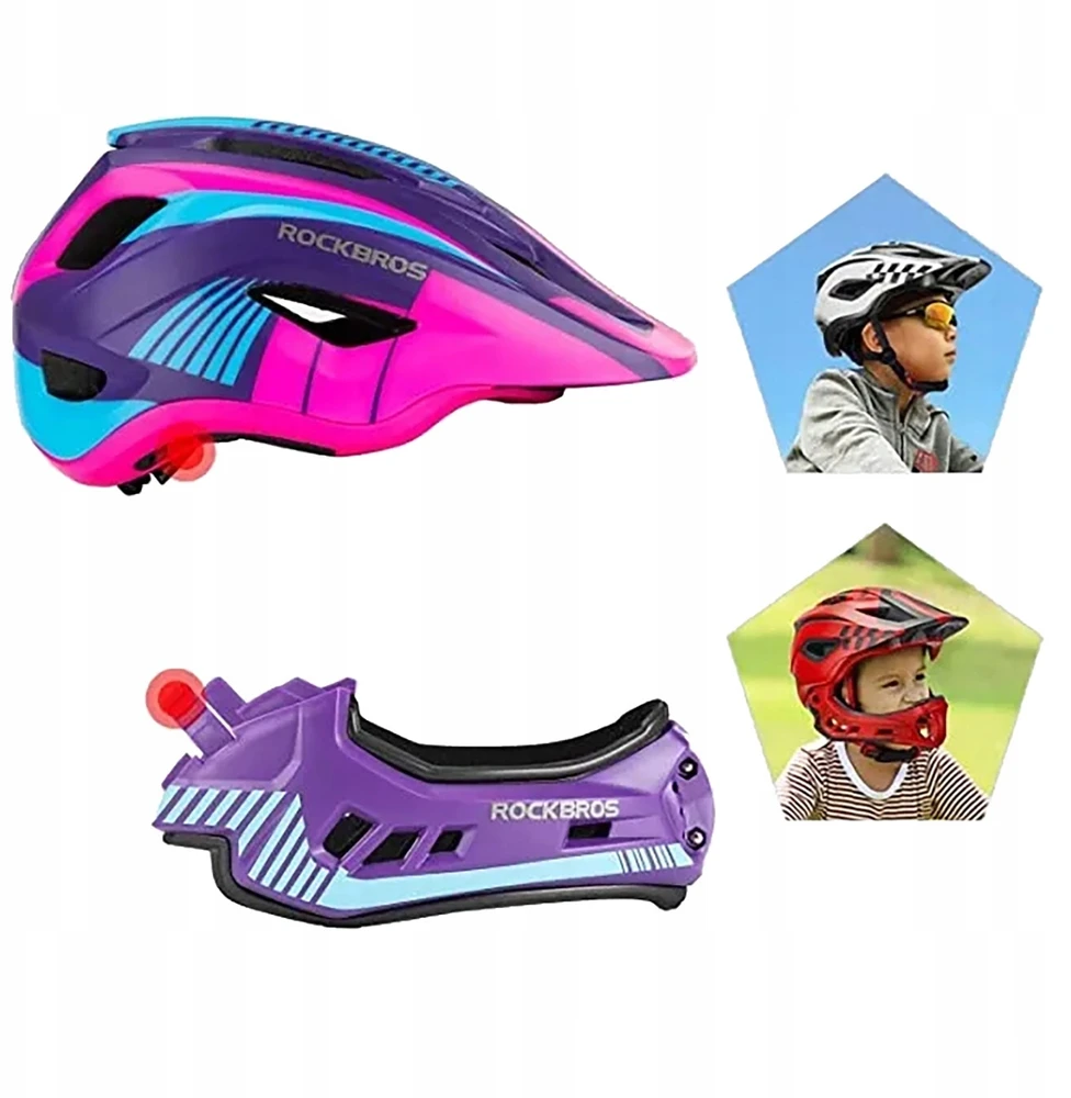 Rockbros TT-32SBPP-S Children's Bike Helmet with Detachable Chin Size S - Violetinė-Rožinė