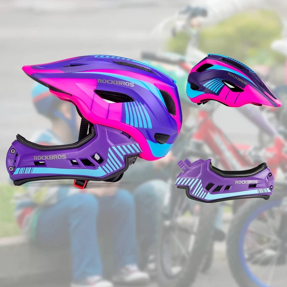 Rockbros TT-32SBPP-S Children's Bike Helmet with Detachable Chin Size S - Violetinė-Rožinė