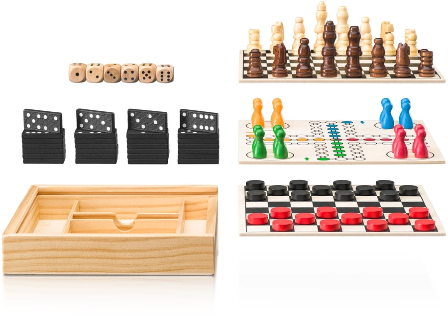 Dėlionė Woodyland Šachmatai, Ludo, Šaškės, 6 kauliukai ir Domino