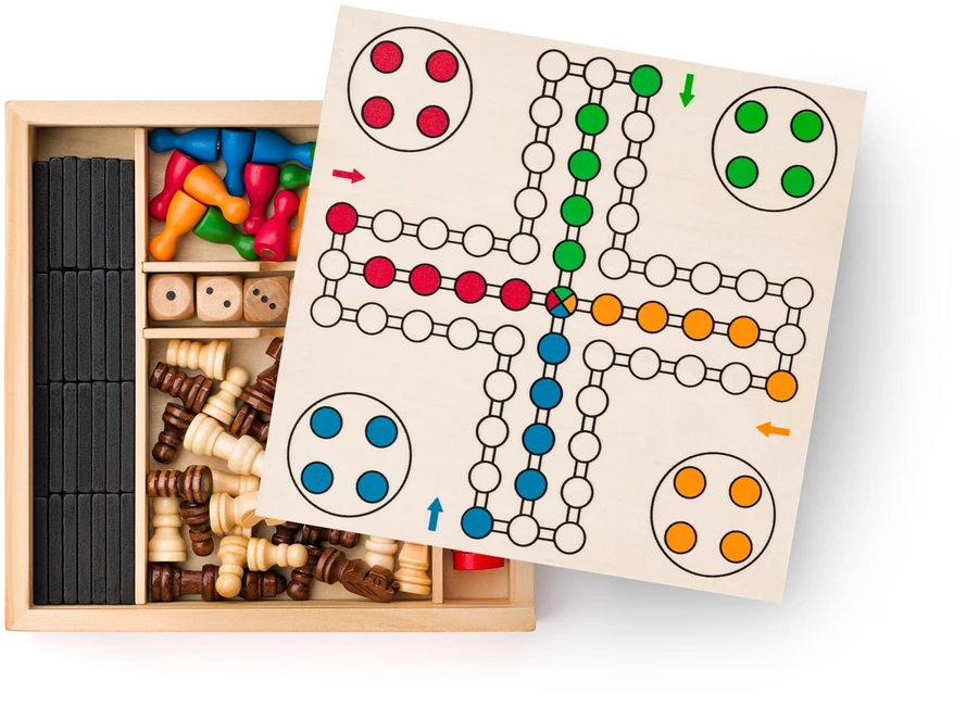 Dėlionė Woodyland Šachmatai, Ludo, Šaškės, 6 kauliukai ir Domino