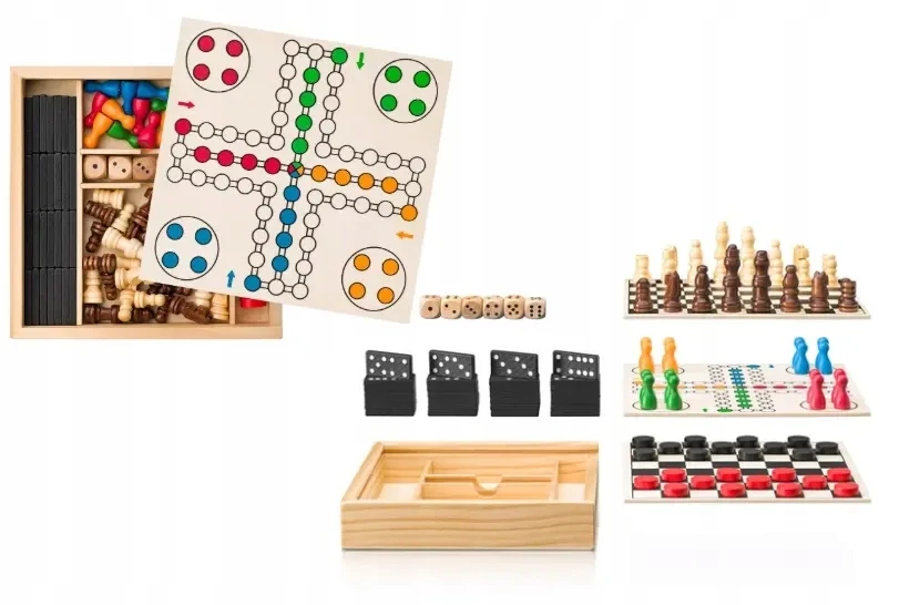 Dėlionė Woodyland Šachmatai, Ludo, Šaškės, 6 kauliukai ir Domino
