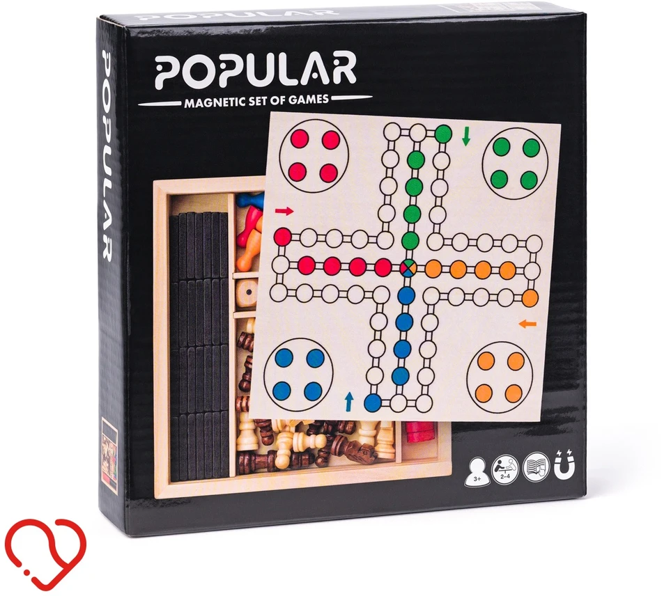 Dėlionė Woodyland Šachmatai, Ludo, Šaškės, 6 kauliukai ir Domino