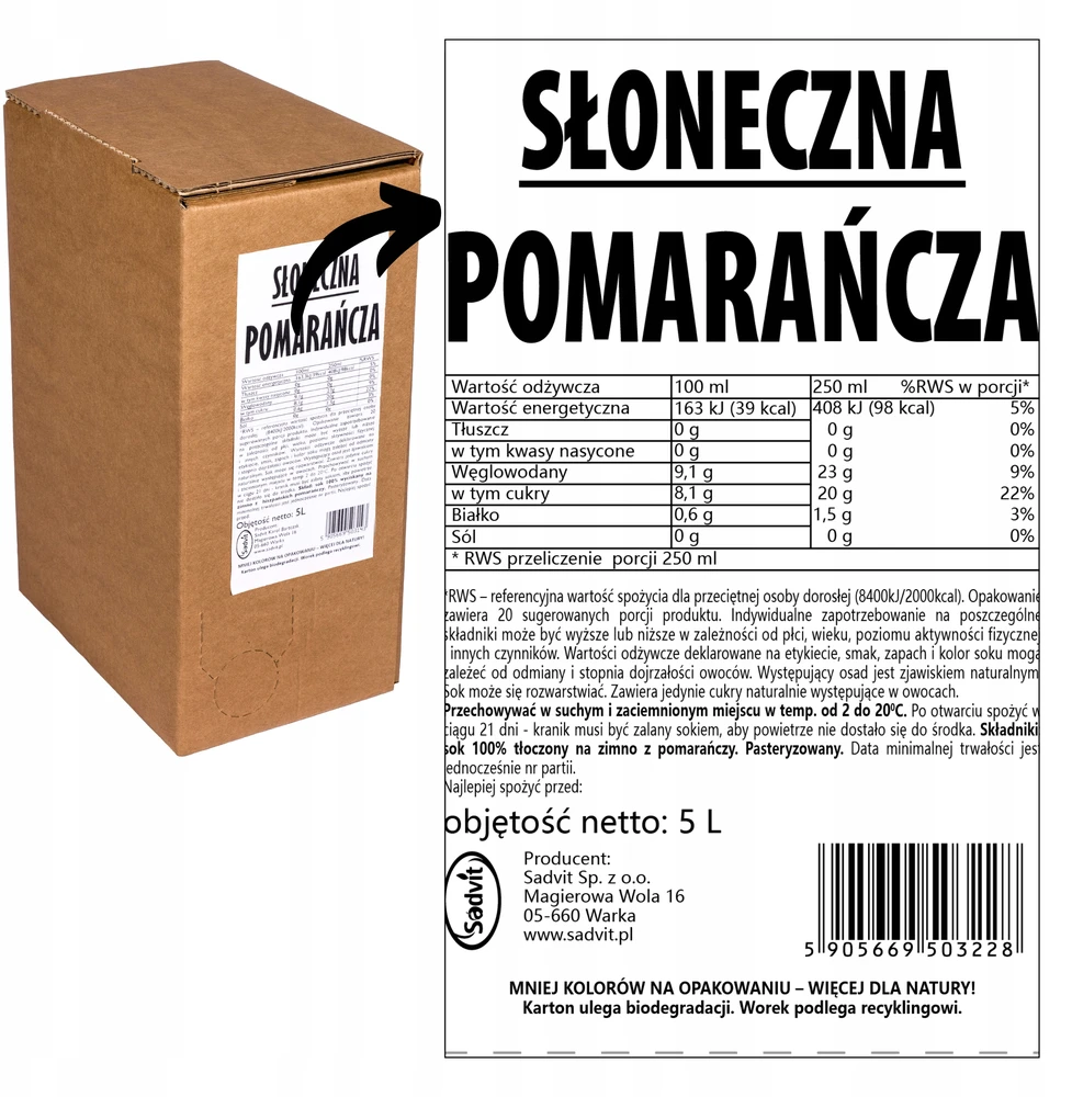 Sadvit Apelsinų sultys 100% apelsinų NFC spaustas apelsinas 5L gėrimams