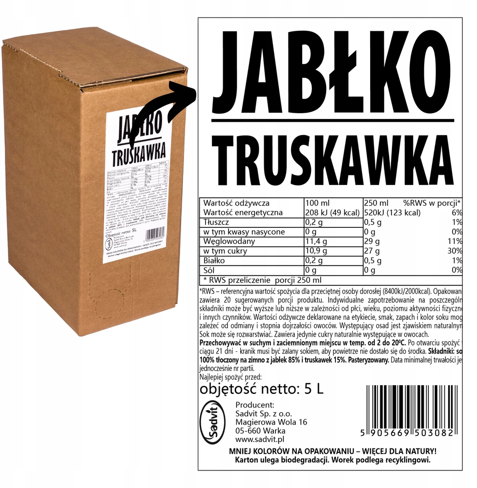 Sadvit Braškių obuolių sultys 100% spaustos iš braškių NFC 5L = 20 stiklinių sulčių