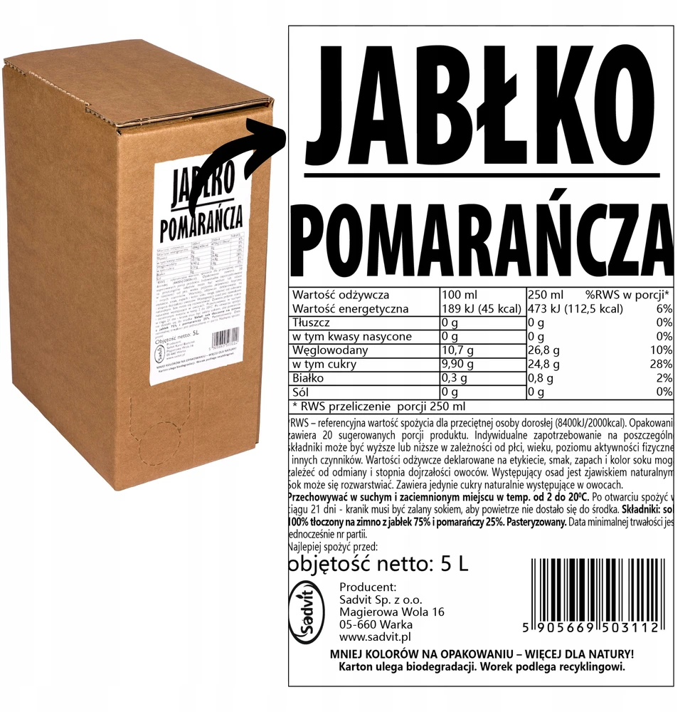 Sadvit Obuolių-apelsinų sultys 100% iš obuolių ir apelsinų 5L natūralios šeimos 5kg