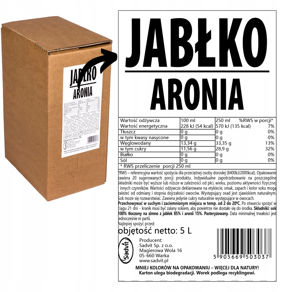 Sadvit Obuolių aronijų sultys, spaustos iš aronijos su obuoliu 100% 5L natūralios šeimai