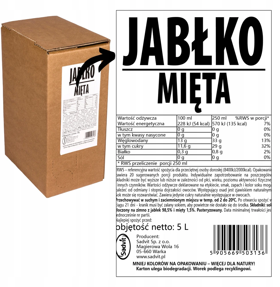 Sadvit Obuolių mėtų sultys 100% obuolių su mėtomis NFC 5L gaivinam limonadui