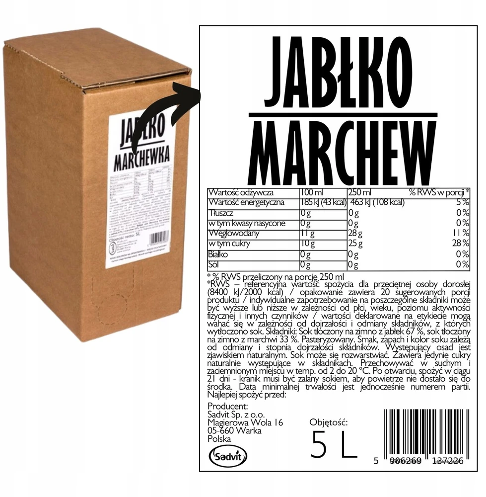 Sadvit Obuolių morkų sultys spaustos natūralios 100% 5L iš morkų ir obuolių, sveika