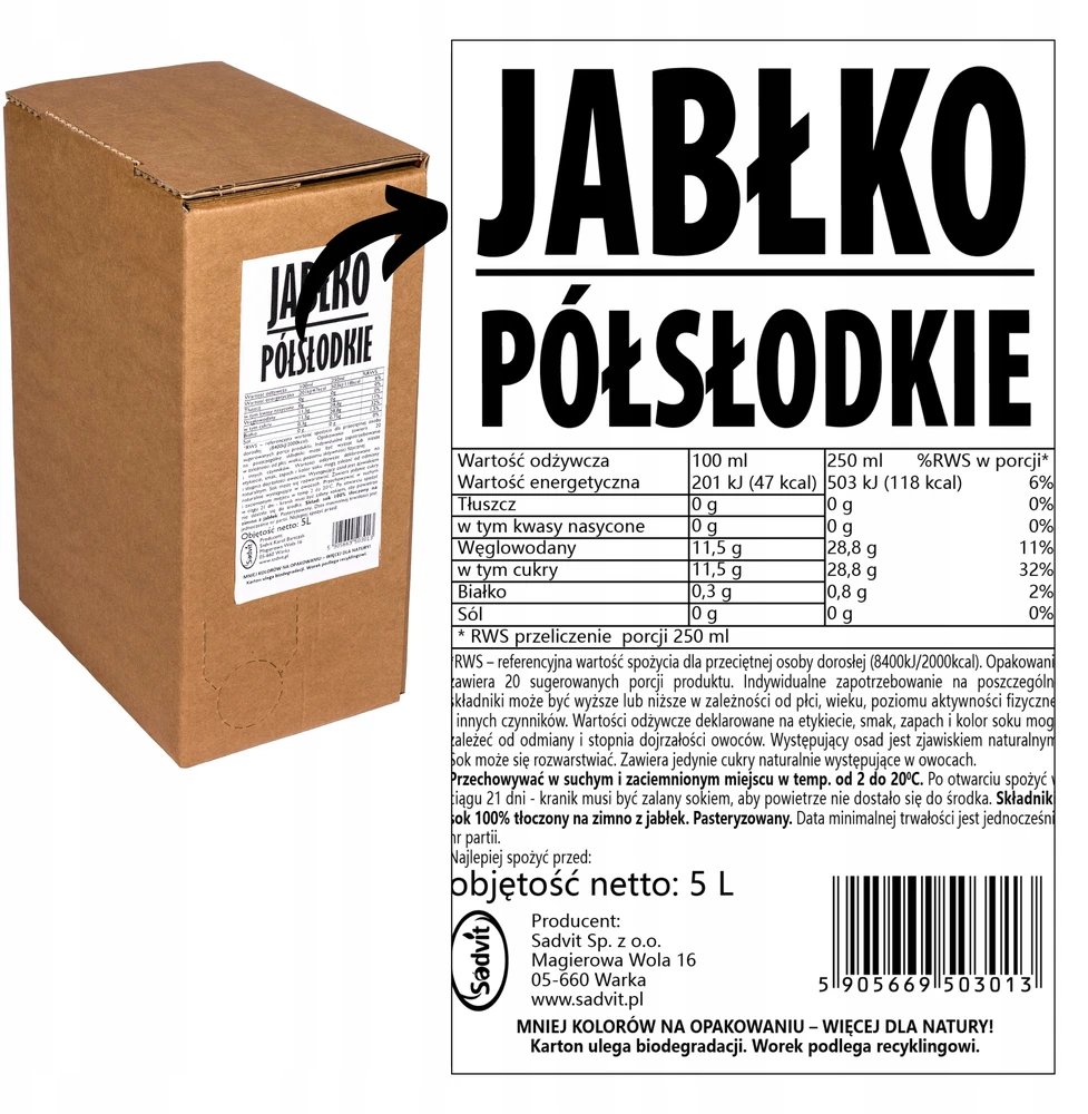 Sadvit Obuolių sultys 100% 5L natūralus lenkiškas obuolių NFC iš obuolių sveikata 100% 5kg