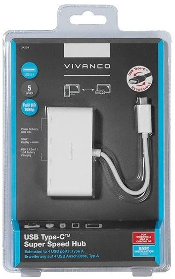 Nežinomas Šakotuvas VIVANCO 34292, USB-C, HUB, 4-portų