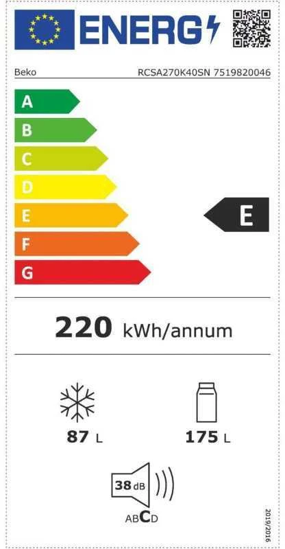 BEKO Šaldytuvas RCSA270K40SN, Energy class E, Height 171cm, Inox