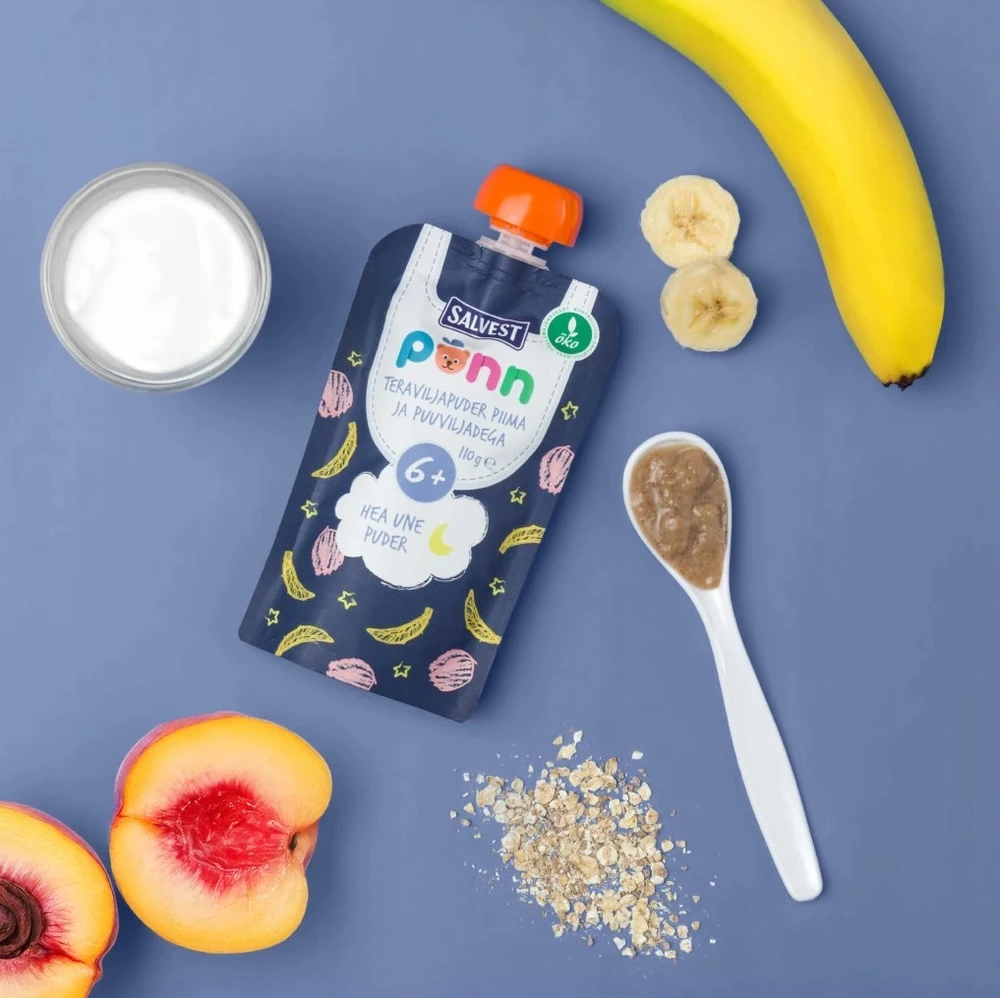SALVEST Ponn BIO Bananas su mėlynėmis ir javų dribsniais DESERTAS vaikams 110 g