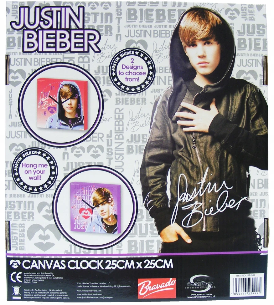 Sambro JUSTIN BIEBER Sieninis laikrodis 25x25cm Płótno ZEGAR NA ŚCIANĘ DLA NASTOLATKI