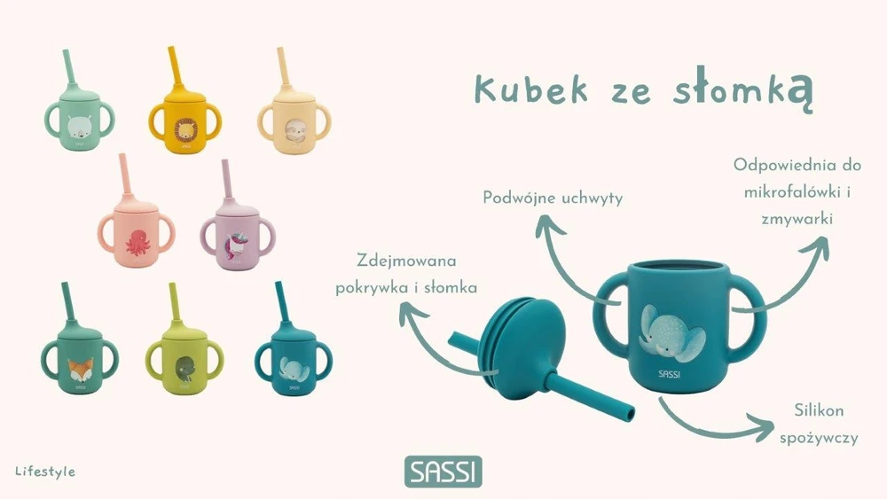 Sassi Silikoninis puodelis su vamzdeliu, skirtas vaikams mokytis gerti SASSI dinozaurą