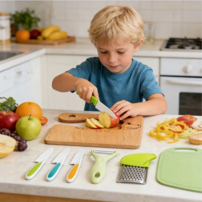 SAUGIŲ PEILIŲ RINKINYS VIRTUVĖS PRIEDAI VAIKAMS 8 ELEMENTAI.MONTESSORI