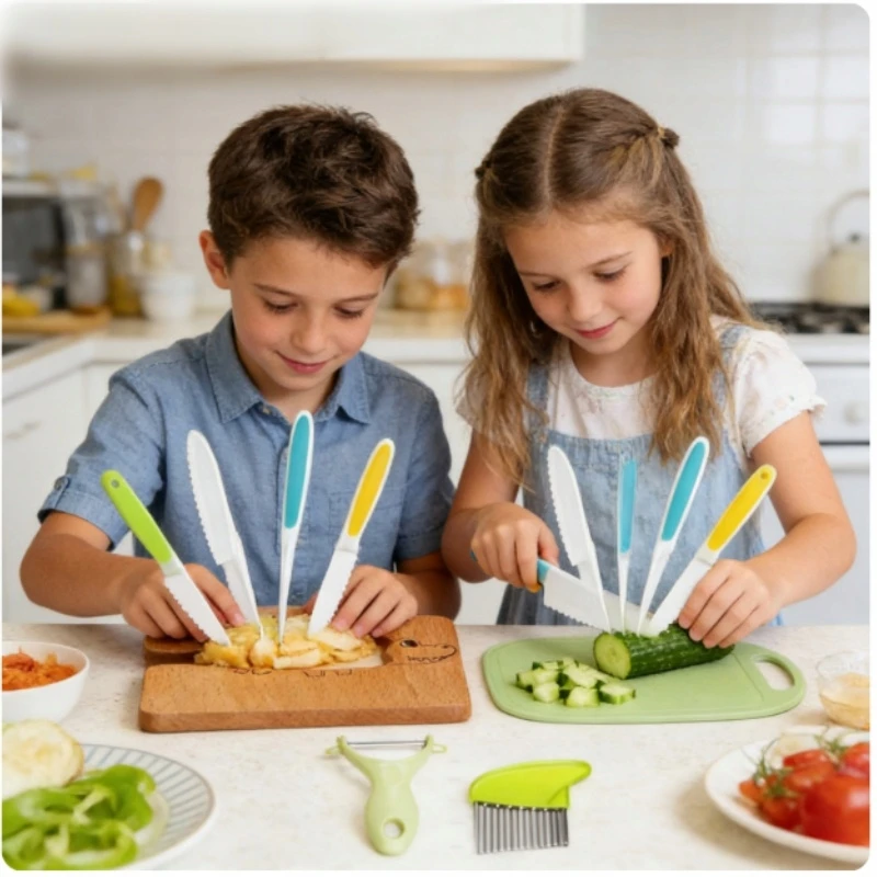 SAUGIŲ PEILIŲ RINKINYS VIRTUVĖS PRIEDAI VAIKAMS 8 ELEMENTAI.MONTESSORI