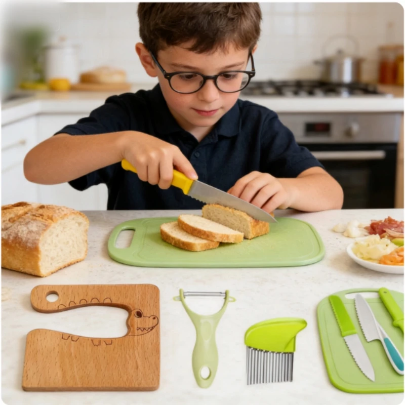 SAUGIŲ PEILIŲ RINKINYS VIRTUVĖS PRIEDAI VAIKAMS 8 ELEMENTAI.MONTESSORI