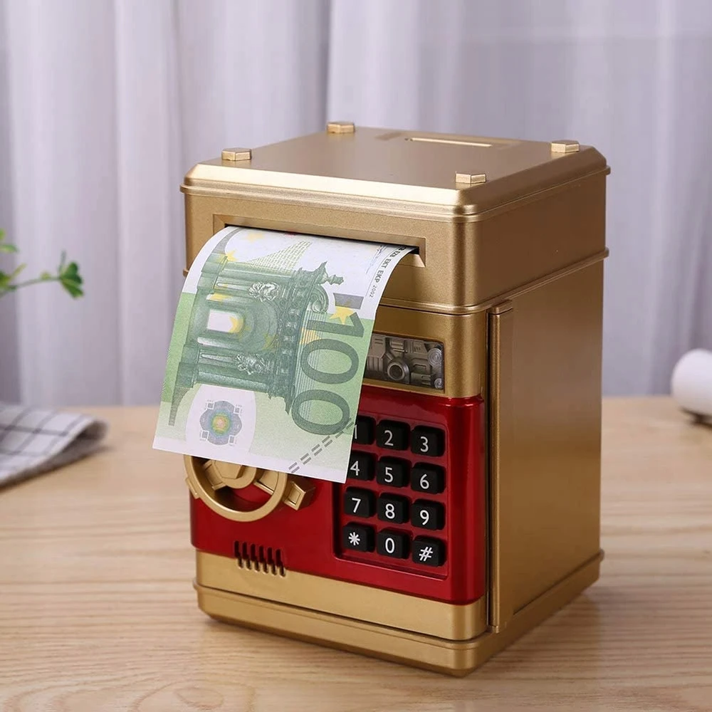 SAUGUS PIGGY BANKAS MONETATŲ BANKNOTAI Indėlių automatas + PIN kodas (Auksas)