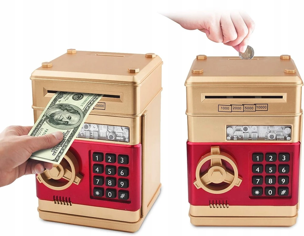 SAUGUS PIGGY BANKAS MONETATŲ BANKNOTAI Indėlių automatas + PIN kodas (Auksas)