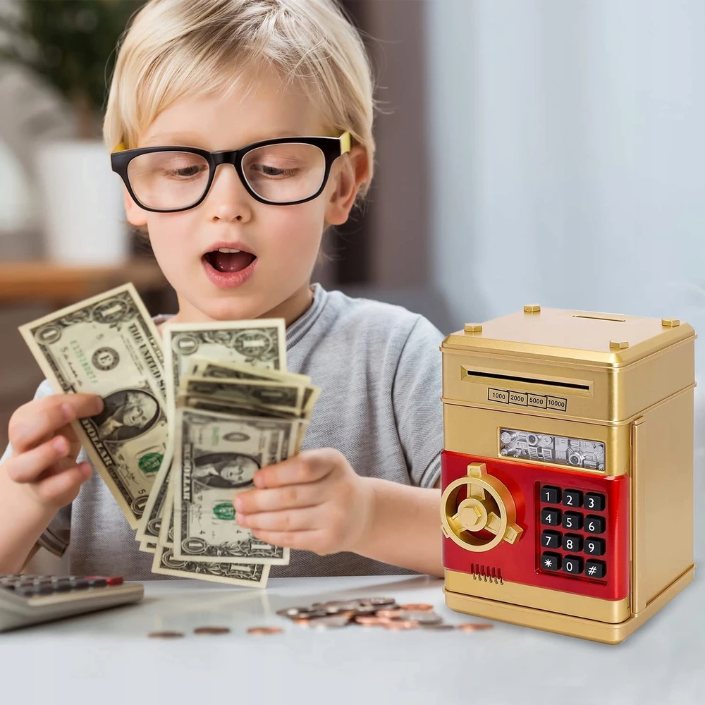 SAUGUS PIGGY BANKAS MONETATŲ BANKNOTAI Indėlių automatas + PIN kodas (Auksas)