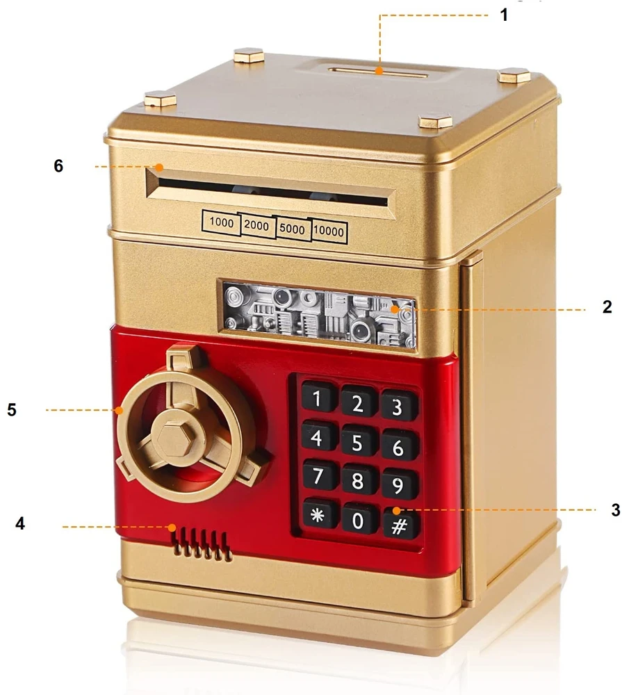 SAUGUS PIGGY BANKAS MONETATŲ BANKNOTAI Indėlių automatas + PIN kodas (Auksas)