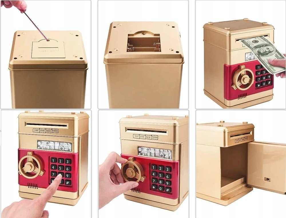 SAUGUS PIGGY BANKAS MONETATŲ BANKNOTAI Indėlių automatas + PIN kodas (Auksas)