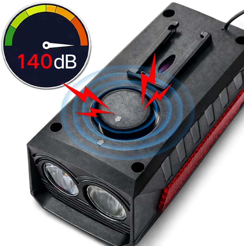 Saulės dviračio žibintas priekinis galinis 800 lm garsinis 140 dB USB maitinimo blokas
