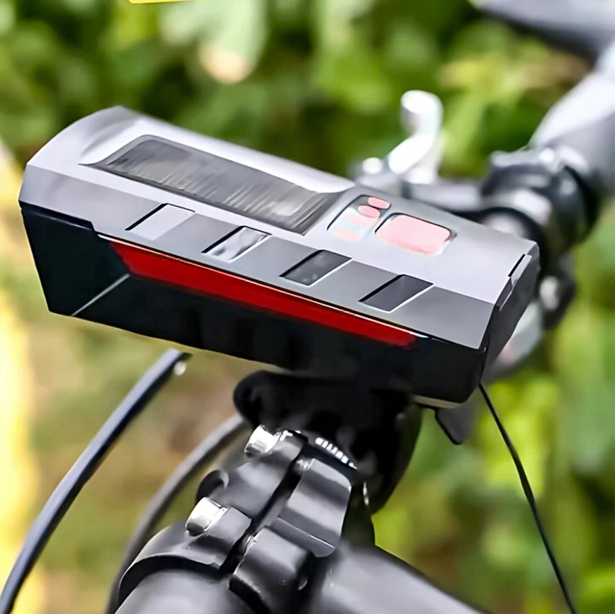 Saulės dviračio žibintas priekinis galinis 800 lm garsinis 140 dB USB maitinimo blokas