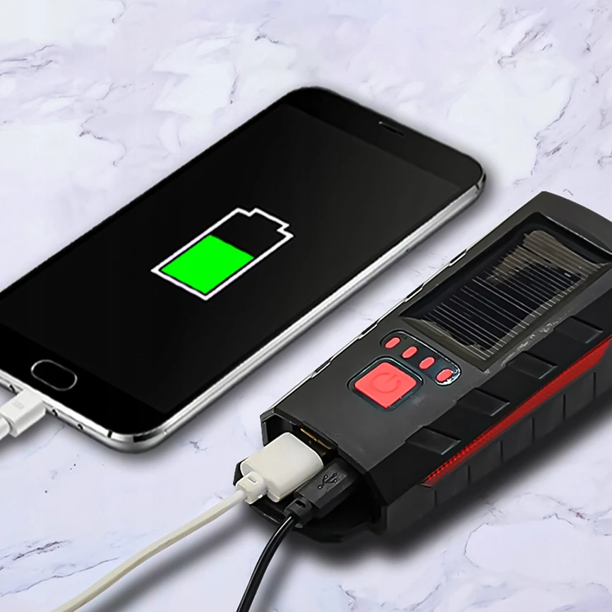 Saulės dviračio žibintas priekinis galinis 800 lm garsinis 140 dB USB maitinimo blokas