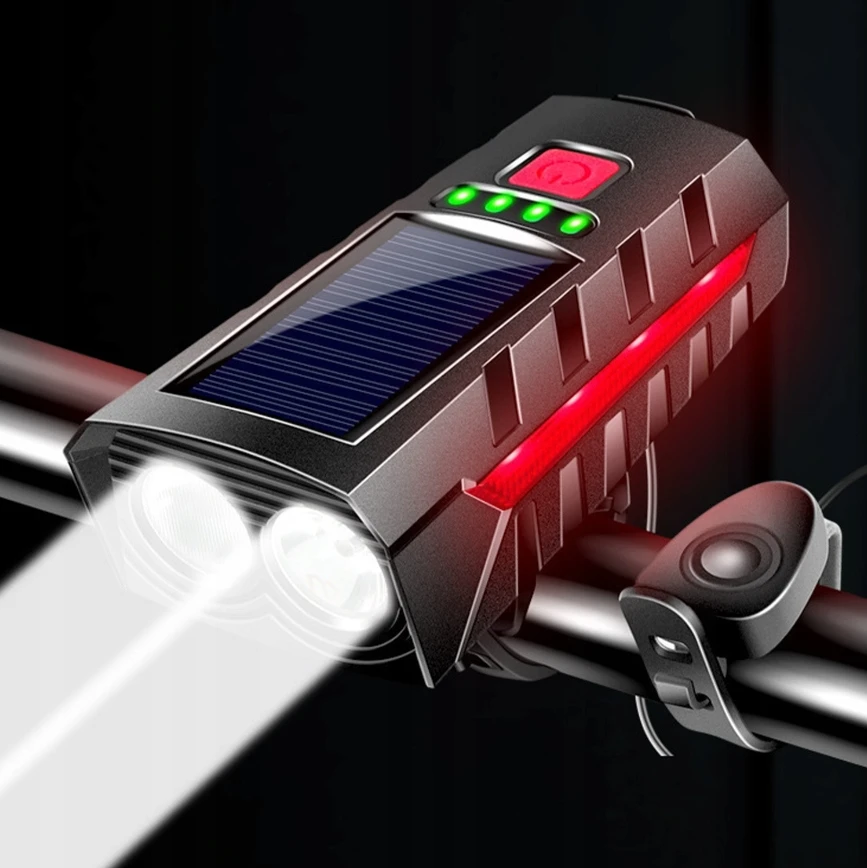 Saulės dviračio žibintas priekinis galinis 800 lm garsinis 140 dB USB maitinimo blokas