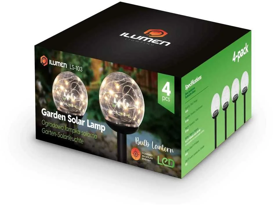Saulės energija varomos lempos, skaidrūs rutuliai, 4 vnt. „Ilumen LS-103“