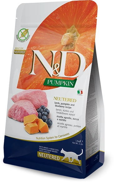 FARMINA N&D moliūgas kačių ėriena ir mėlynių kastruotas suaugusiems - sausas kačių maistas - 1,5kg