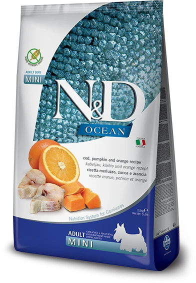 FARMINA N&D OCEAN - DOG sausas menkių, moliūgų ir apelsinų pašaras suaugusiems šunims, 2,5kg