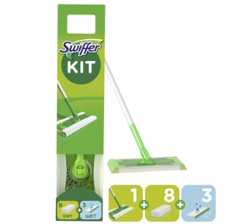 Sausos (8vnt.) ir šlapios (3vnt.) grindų šluostės su šluota SWIFFER, rinkinys