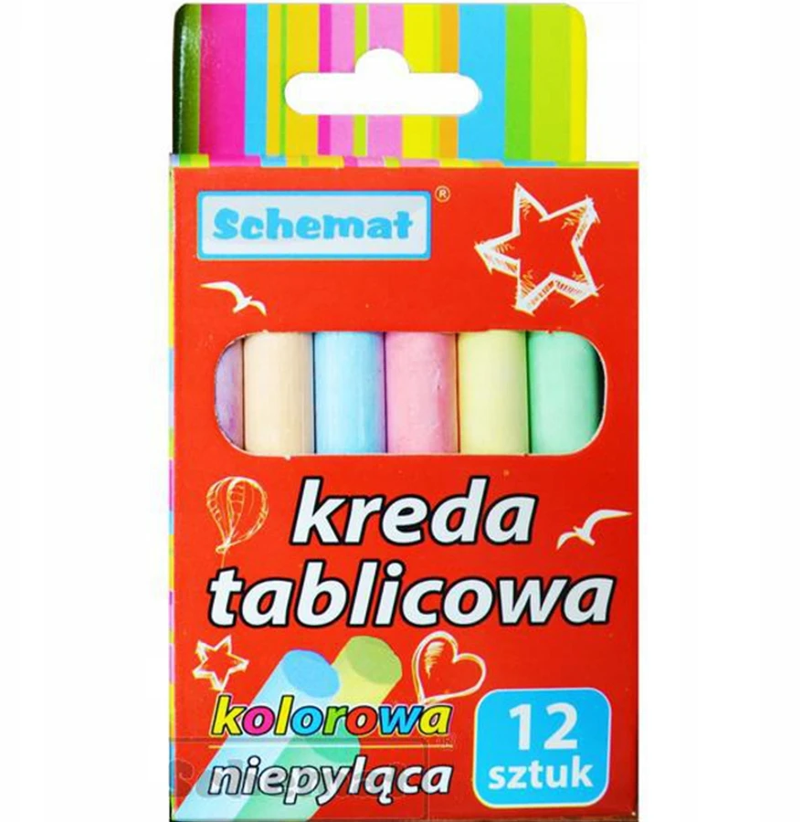 Schemat SPALVOTOS MOKYKLINĖS LENTELĖS KREIDOS, 12 VIENŲ RINKINYS. SCHEMA BE DULKIŲ