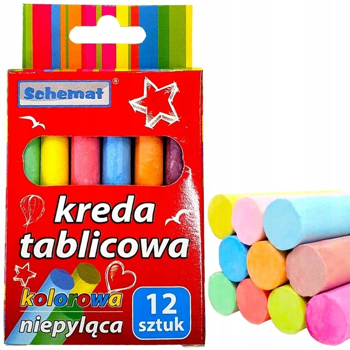 Schemat SPALVOTOS MOKYKLINĖS LENTELĖS KREIDOS, 12 VIENŲ RINKINYS. SCHEMA BE DULKIŲ