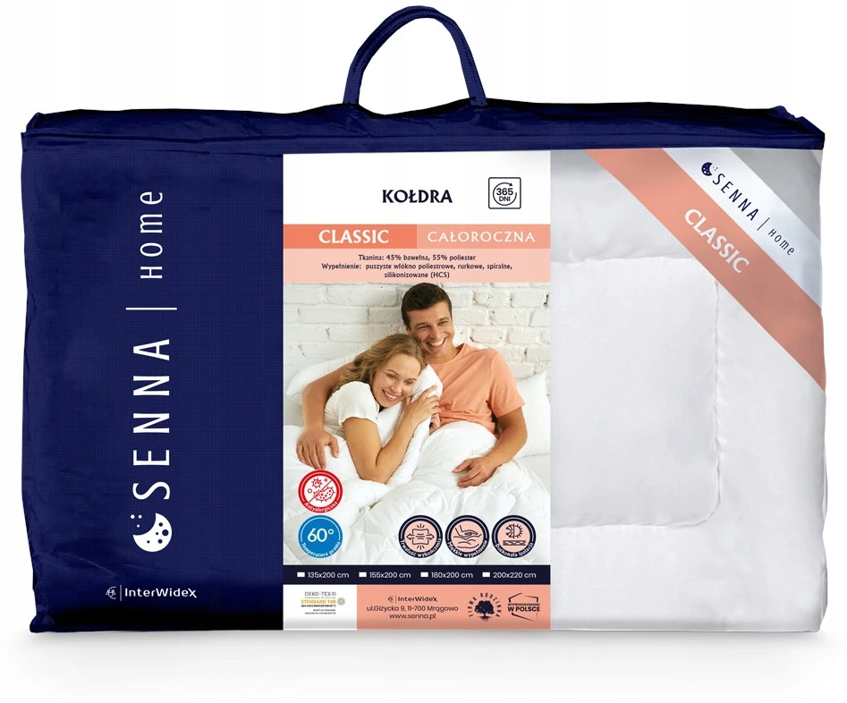 Senna Home Inter Widex Kołdra Całoroczna Classic balta Ciepła Zdrowy Sen 180x200