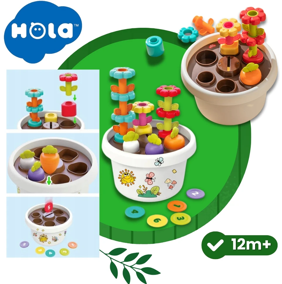 SENSORY SORTER Hola vazonas Magnetinė piramidė Blokai Gėlės 12m+