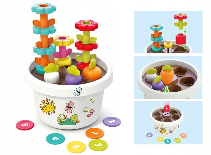 SENSORY SORTER Hola vazonas Magnetinė piramidė Blokai Gėlės 12m+