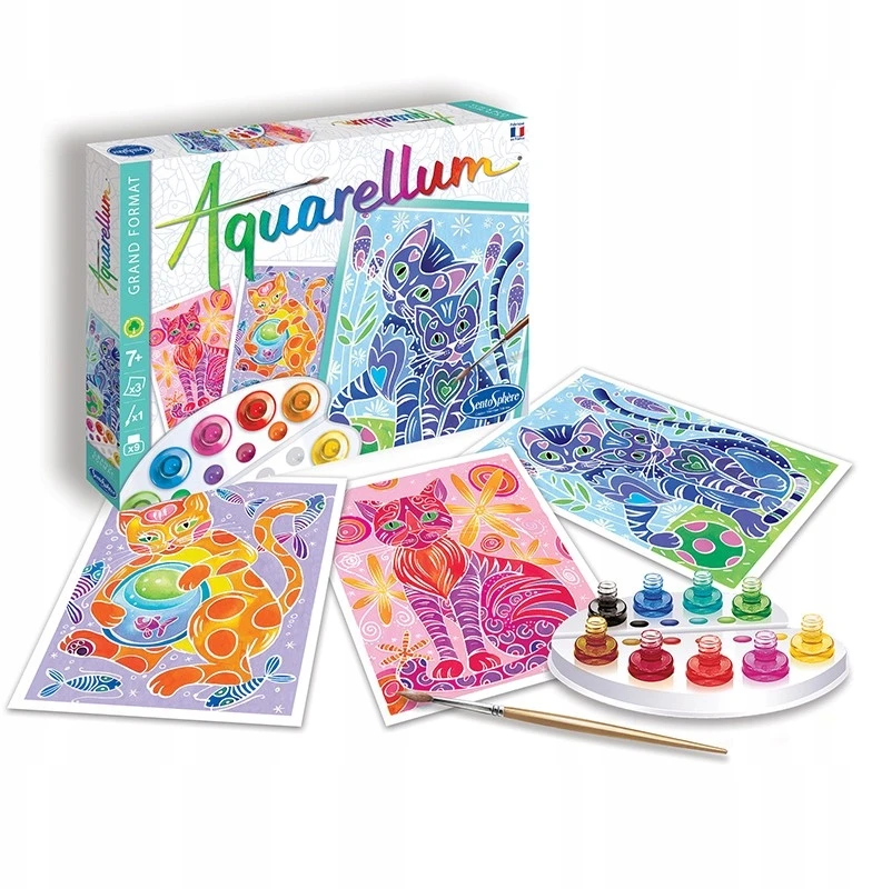 SentoSphere Aquarellum Cats tapybos rinkinys 3 A4 paveikslai ir 8+ dažai