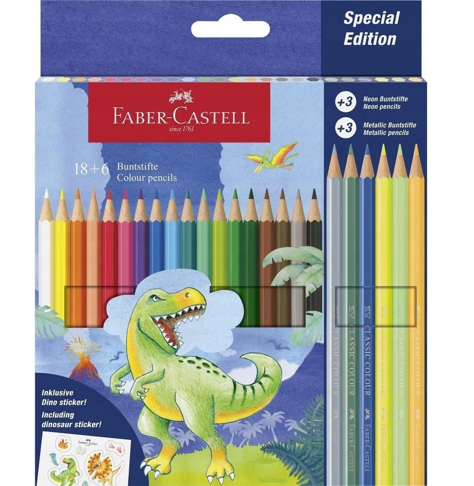 Šešiabriaunės kreidelės Dinozauras 18+6col + lipdukai - Faber Castell