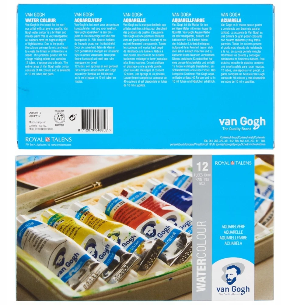 Set akvarelių - VAN GOGH - Plastikinė dėžutė 12 tūbelių 10 ml - Multicolor - Teptukas serija 191 nr. 6