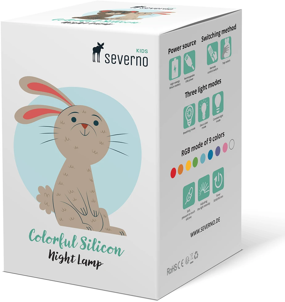 SEVERNO Kids SILIKONINĖ NAKTINĖ LEMPA VAIKAMS, MINKŠTA, SPALVINGA RGB LED USB XXL + NUOTOLINIO PULTAS