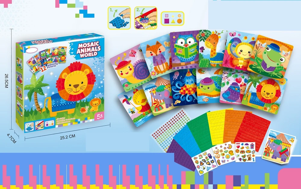 Sferazabawek Foam Mosaic ANIMALS 12in1 – kūrybinės iškarpų knygos formos ir spalvos