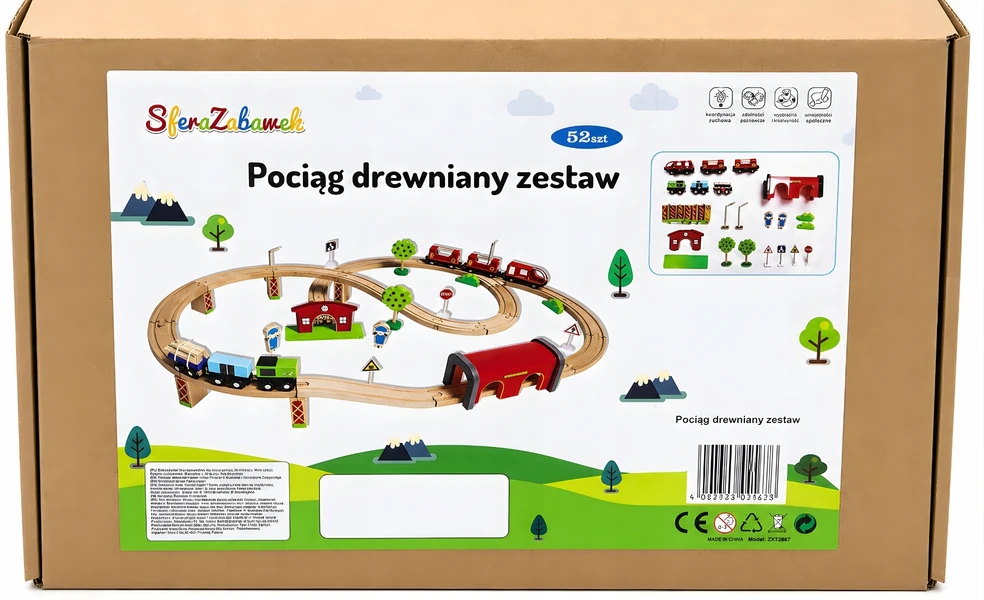 Sferazabawek MEDINIS GELEŽINKELIS, BATERIJA VARTOMAS TRAUKINIS, BĖGIŲ RINKINYS SU TRAUKINIU + Bėgiai ir tiltas