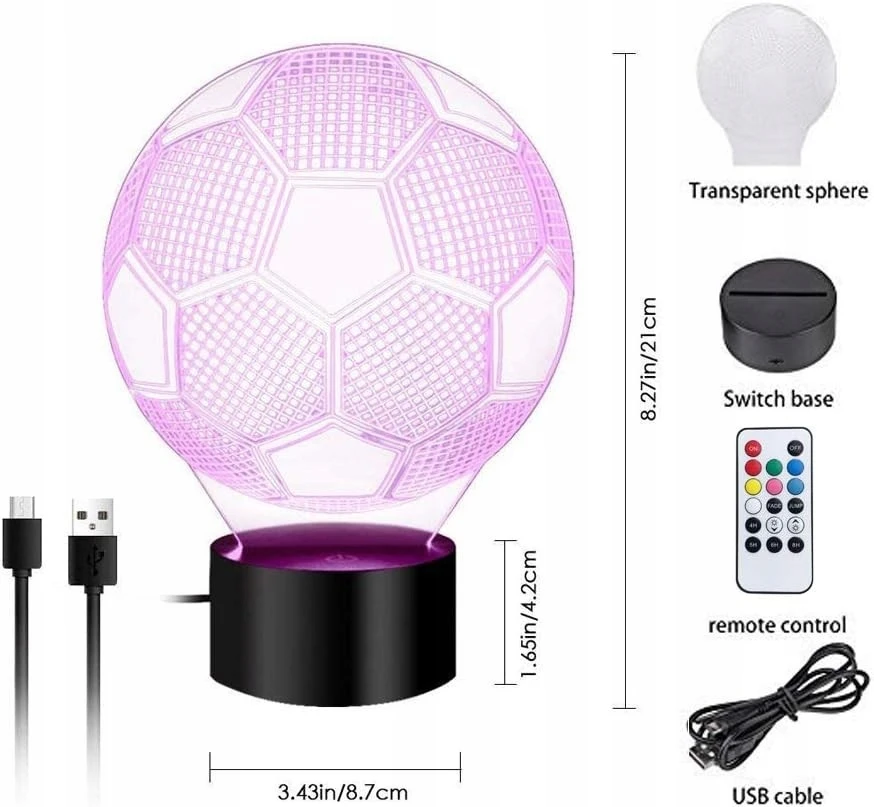 Sferazabawek Naktinė lempa PODŚWIETLANA 3D LED PIŁKA NOŻNA KABELIS USB + Pultas