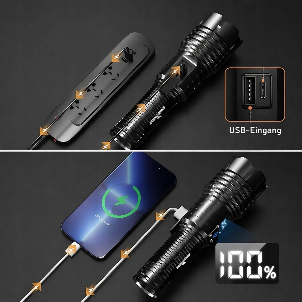 Shadowhawk LED TAKTINIS PAKRAUJAMAS BLYKŠČIUS USB-C IP67 XHM77.2 30000lm PRO POWERFUL