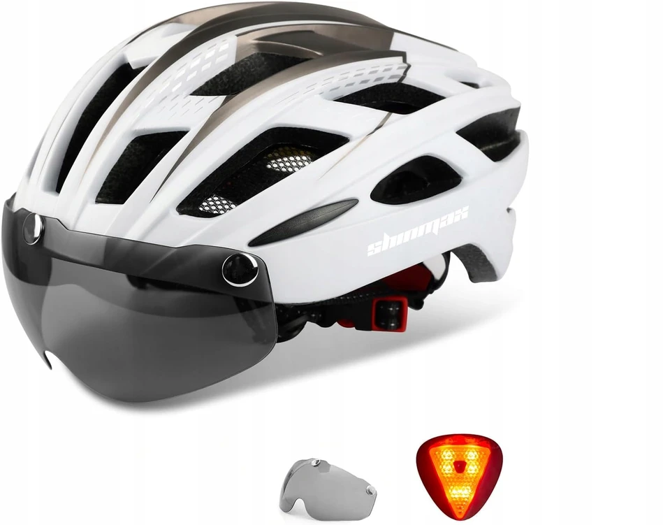 Shinmax HT-19 dviračio šalmas, M/L, balta, juoda, galinis žibintas, objektyvas, magnetas