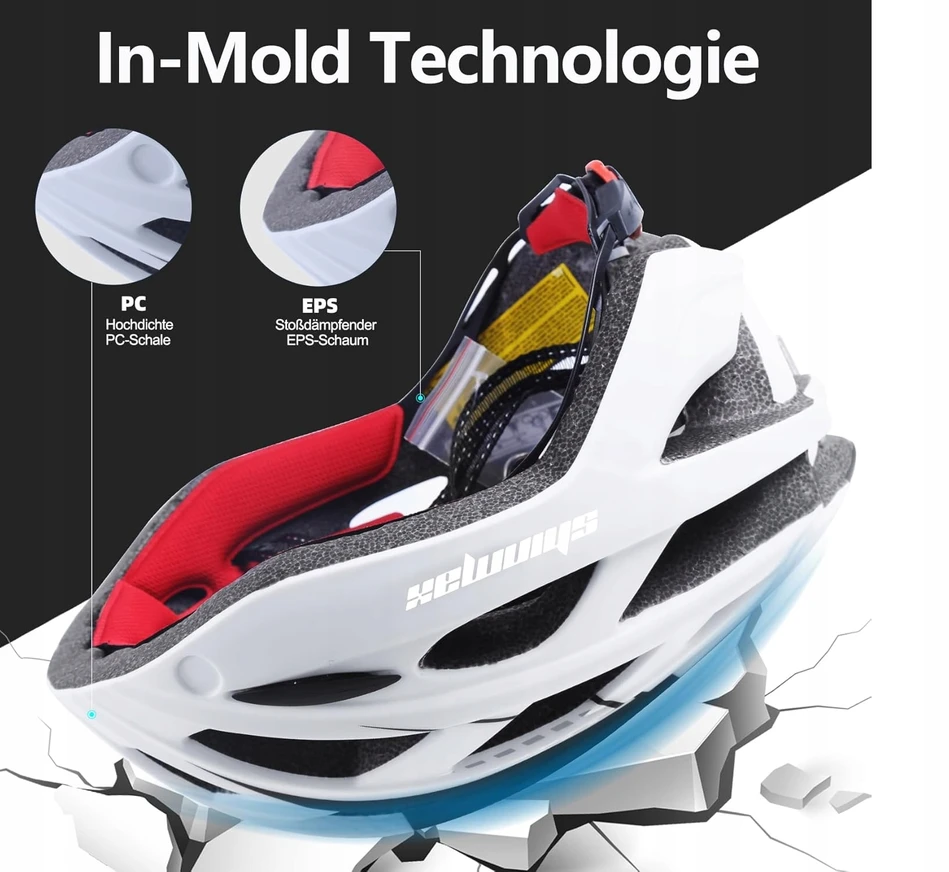 Shinmax HT-19 dviračio šalmas, M/L, balta, juoda, galinis žibintas, objektyvas, magnetas
